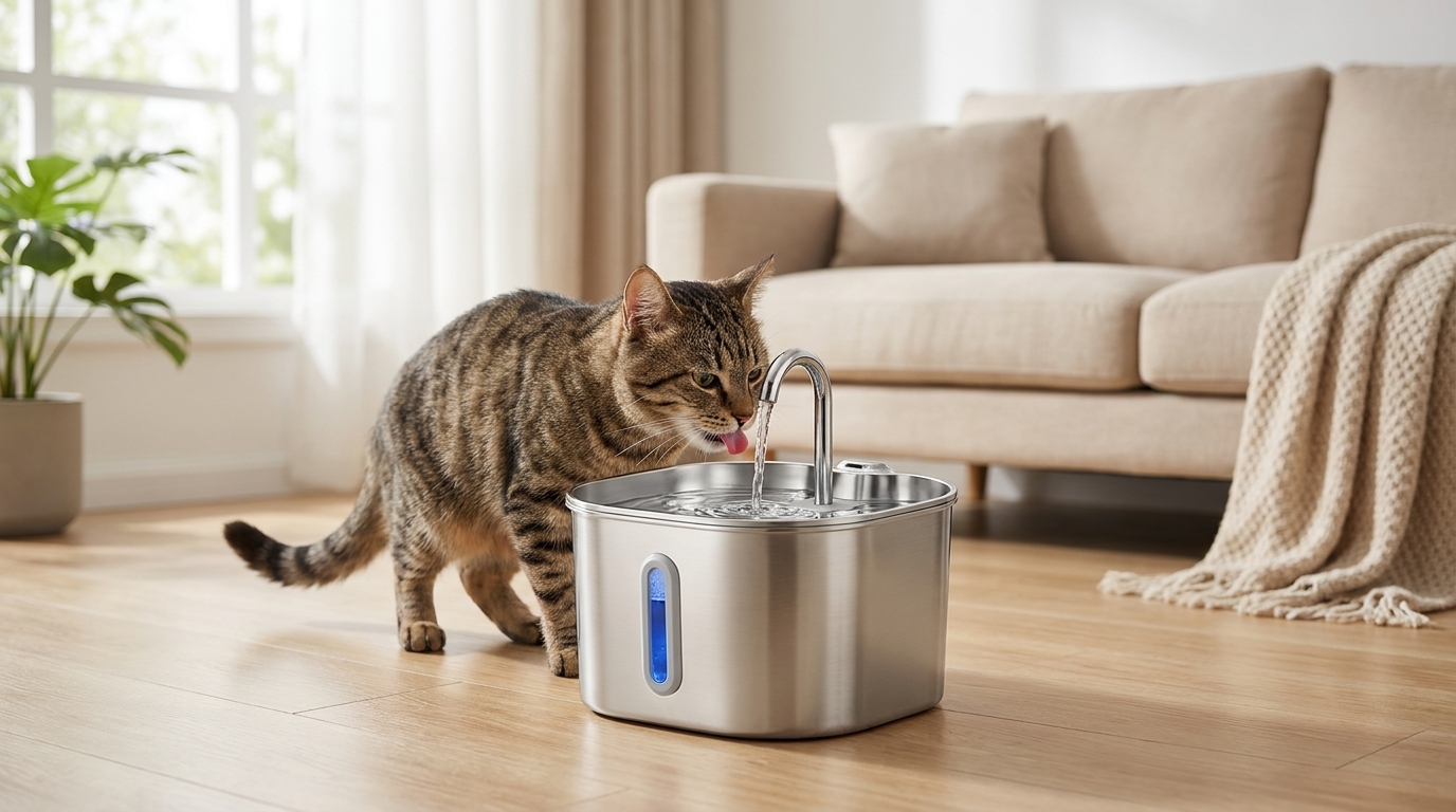 Chat tigré qui boit à la fontaine à eau Miaeau en inox