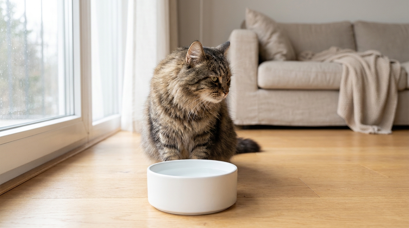 Chat qui détourne la tête de sa gamelle d'eau stagnante