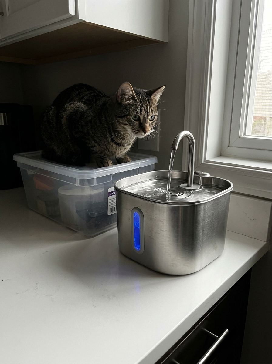 Photo client : chat tigré près de la fontaine Miaeau sur le plan de travail