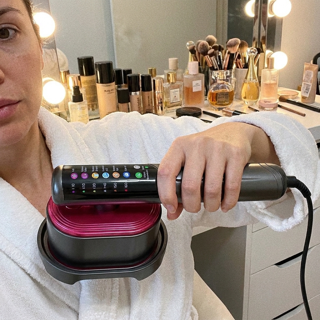 A woman in a white bathrobe at her vanity: Nano Banana Pro AI image