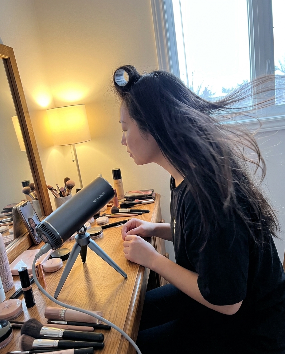 A woman sitting at a cluttered dressing: Nano Banana Pro AI image