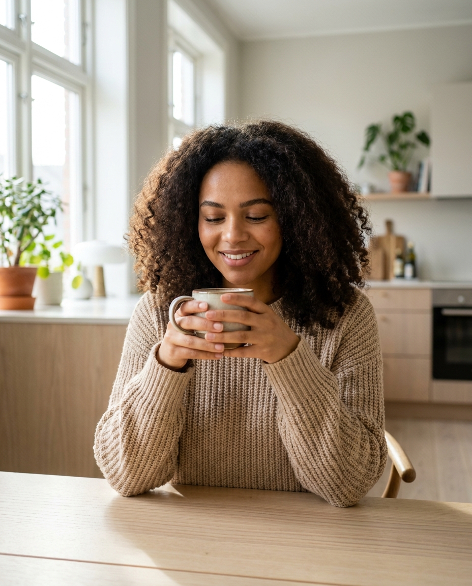 AI influencer with curly hair holding coffee in a bright kitchen