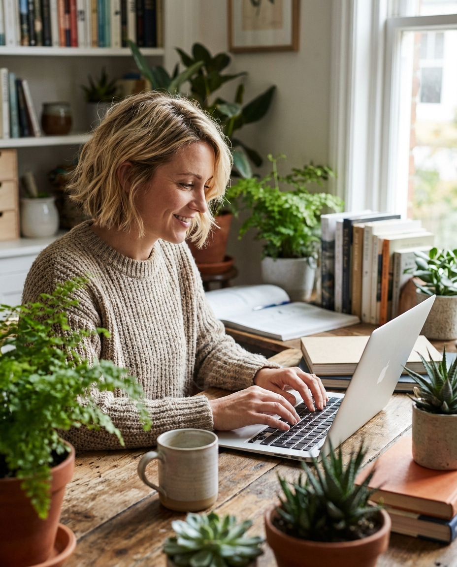 AI creator working on a laptop in a cozy home office