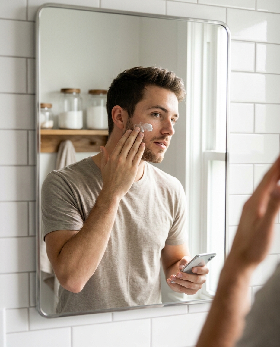 Male AI influencer applying moisturizer, bathroom mirror