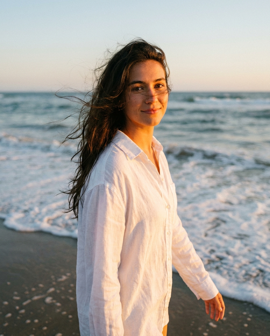 AI influencer in a white linen shirt walking on a beach at sunset