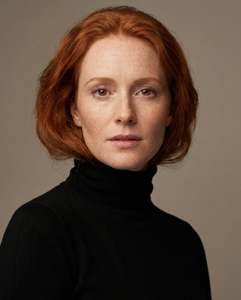 Studio portrait of an AI influencer with red hair and freckles