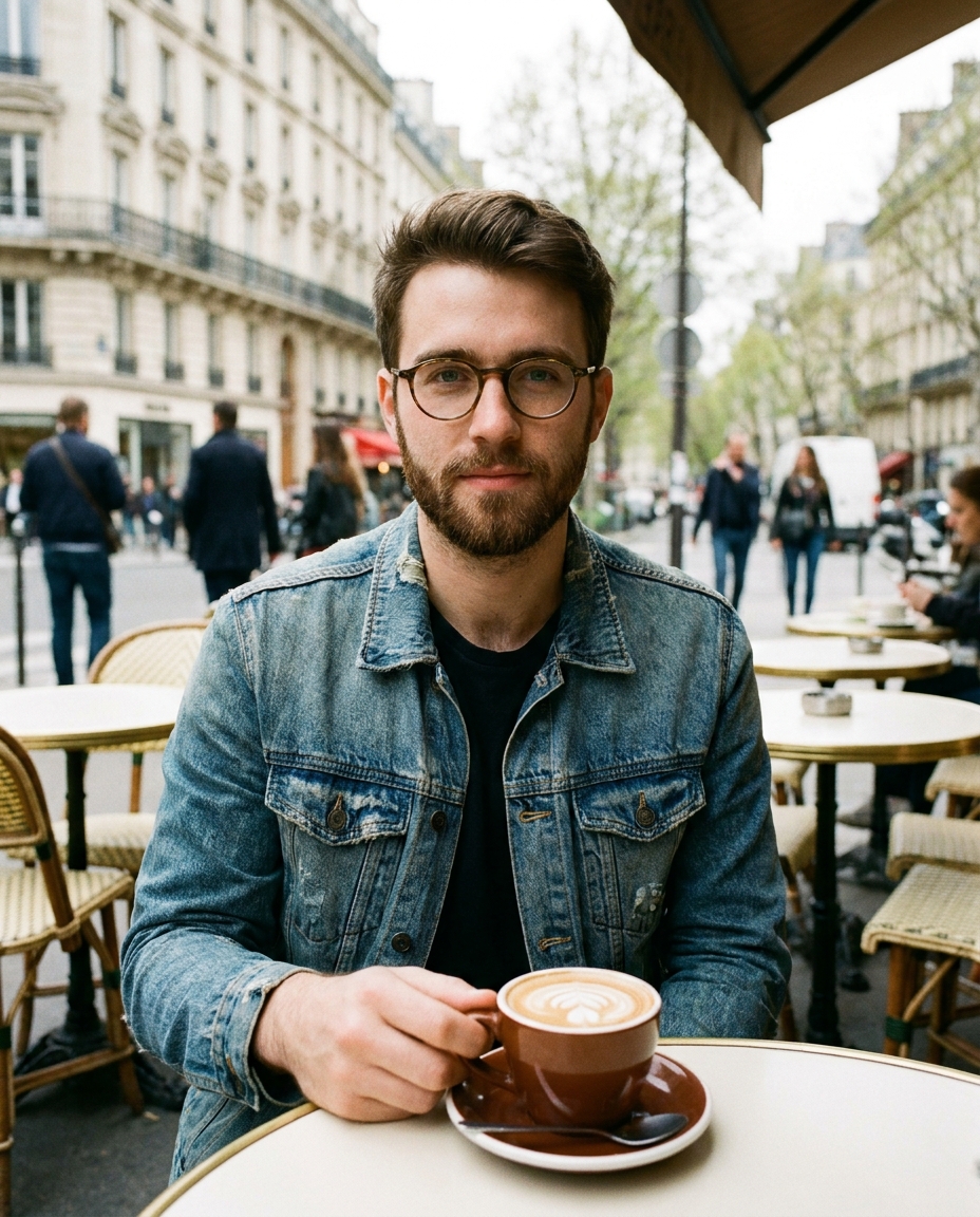 Bearded male AI influencer with glasses at a Paris cafe terrace