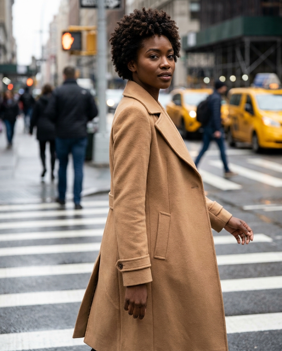 Fashion editorial AI influencer in a camel trench coat on a crosswalk