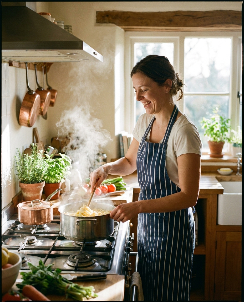 Smiling AI influencer cooking pasta in a sunny kitchen