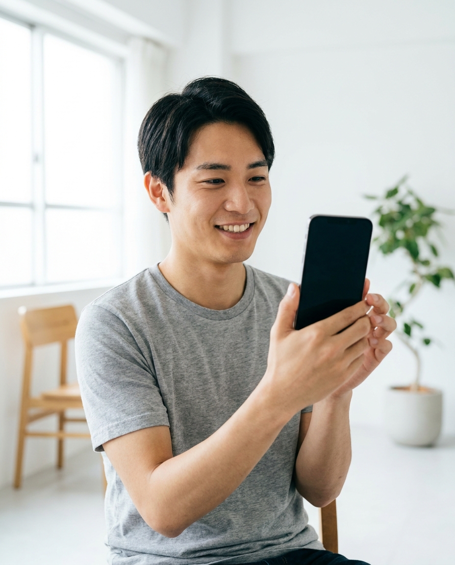 Male AI influencer holding a smartphone in a minimalist living room