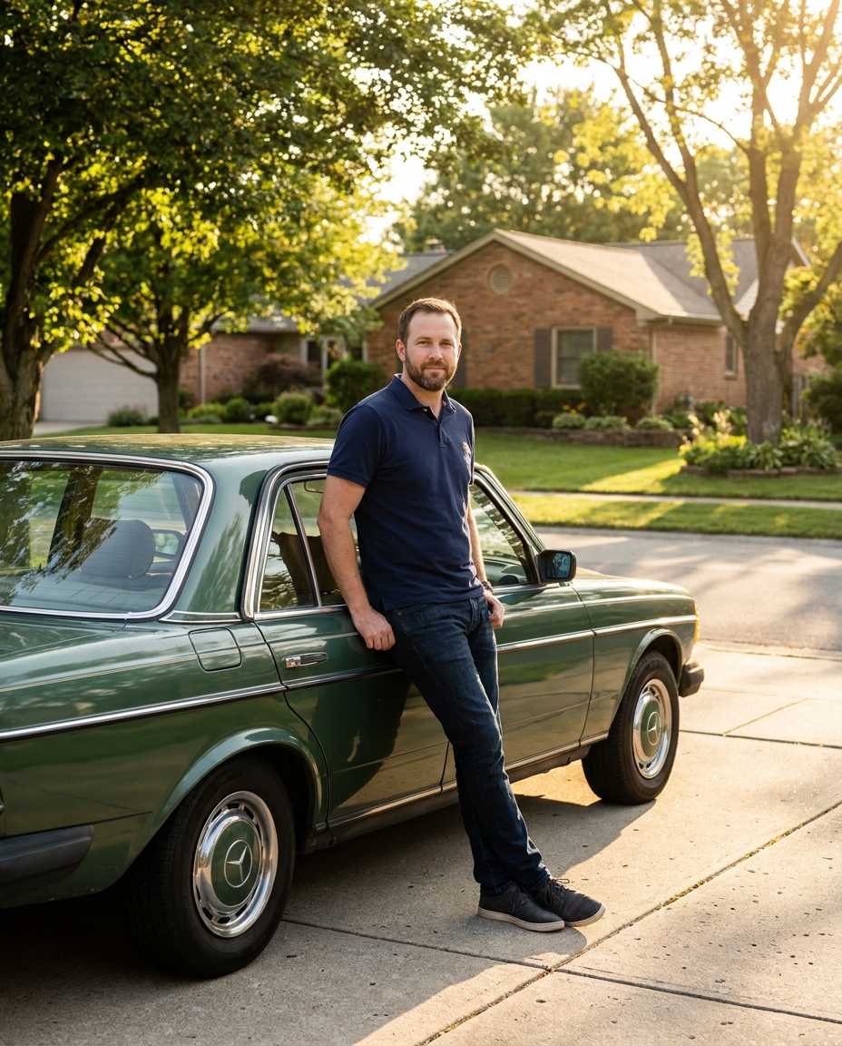 Male AI influencer leaning on a car in a suburban driveway
