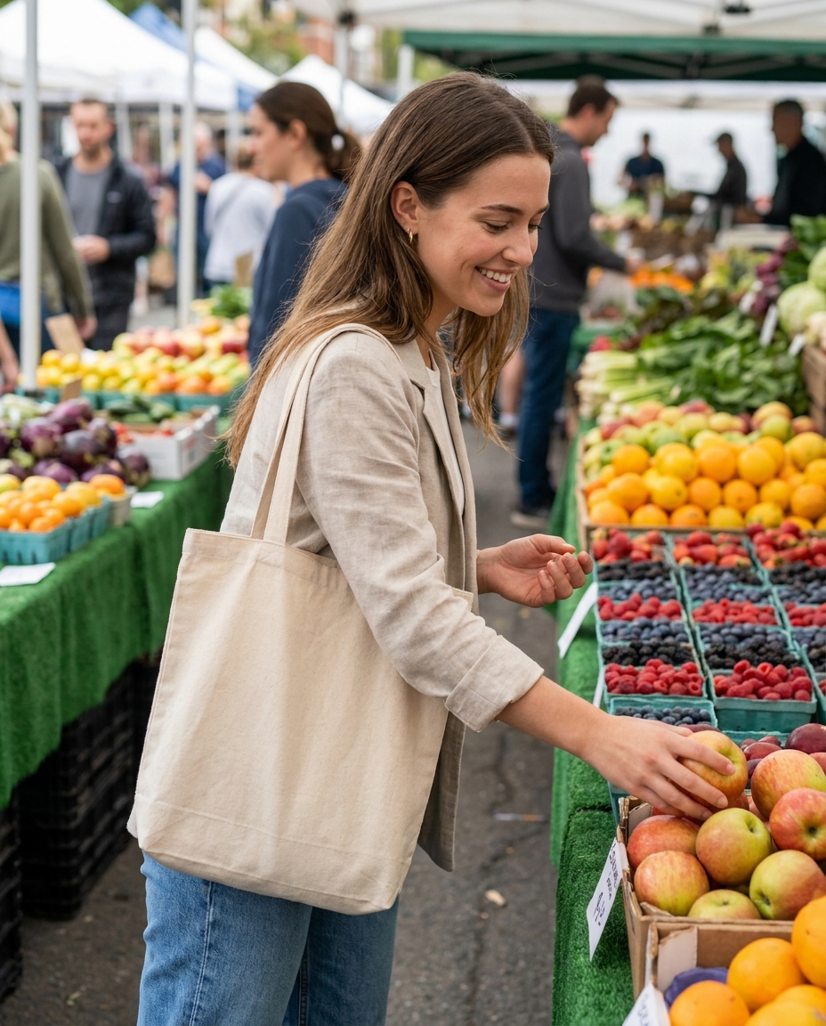 AI influencer with a tote bag at an outdoor farmers market
