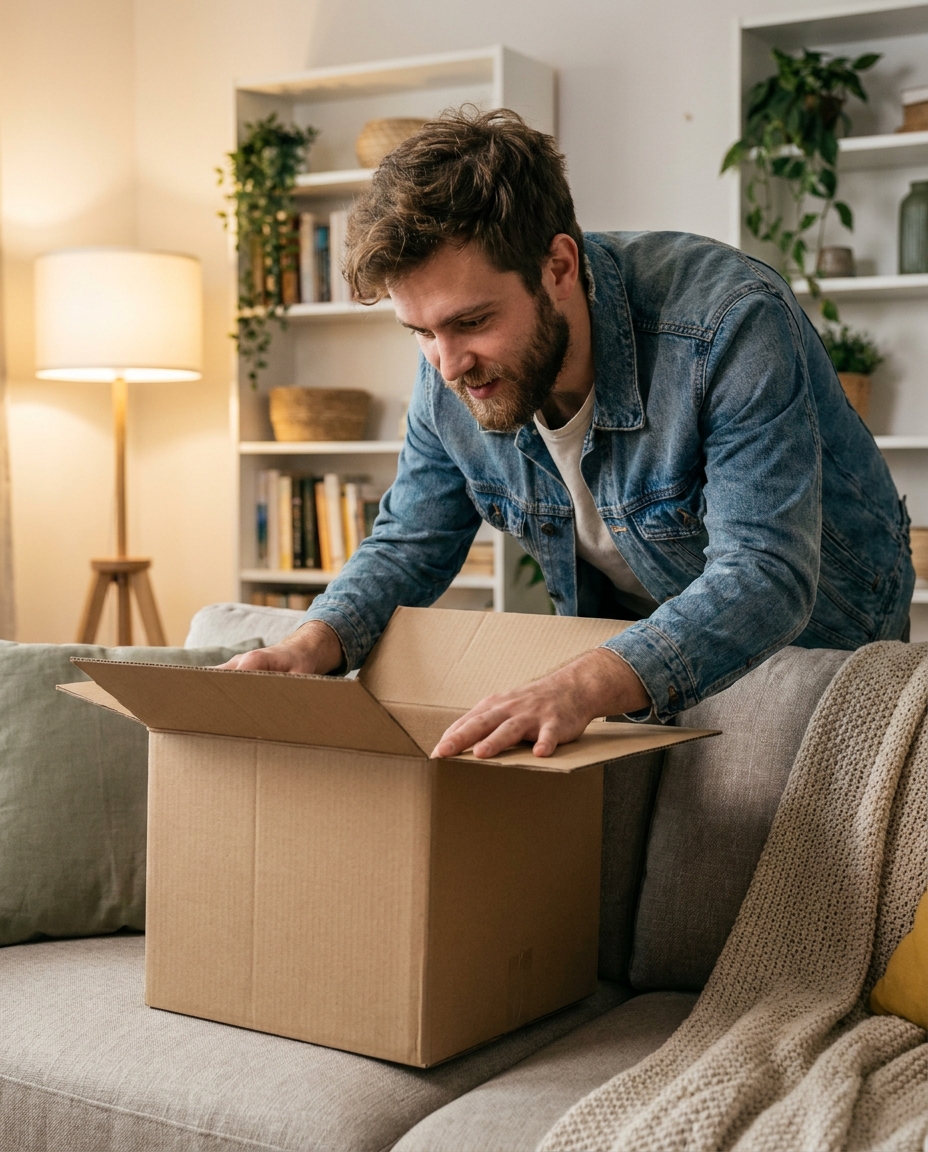 Male AI influencer unboxing a plain cardboard box on a couch