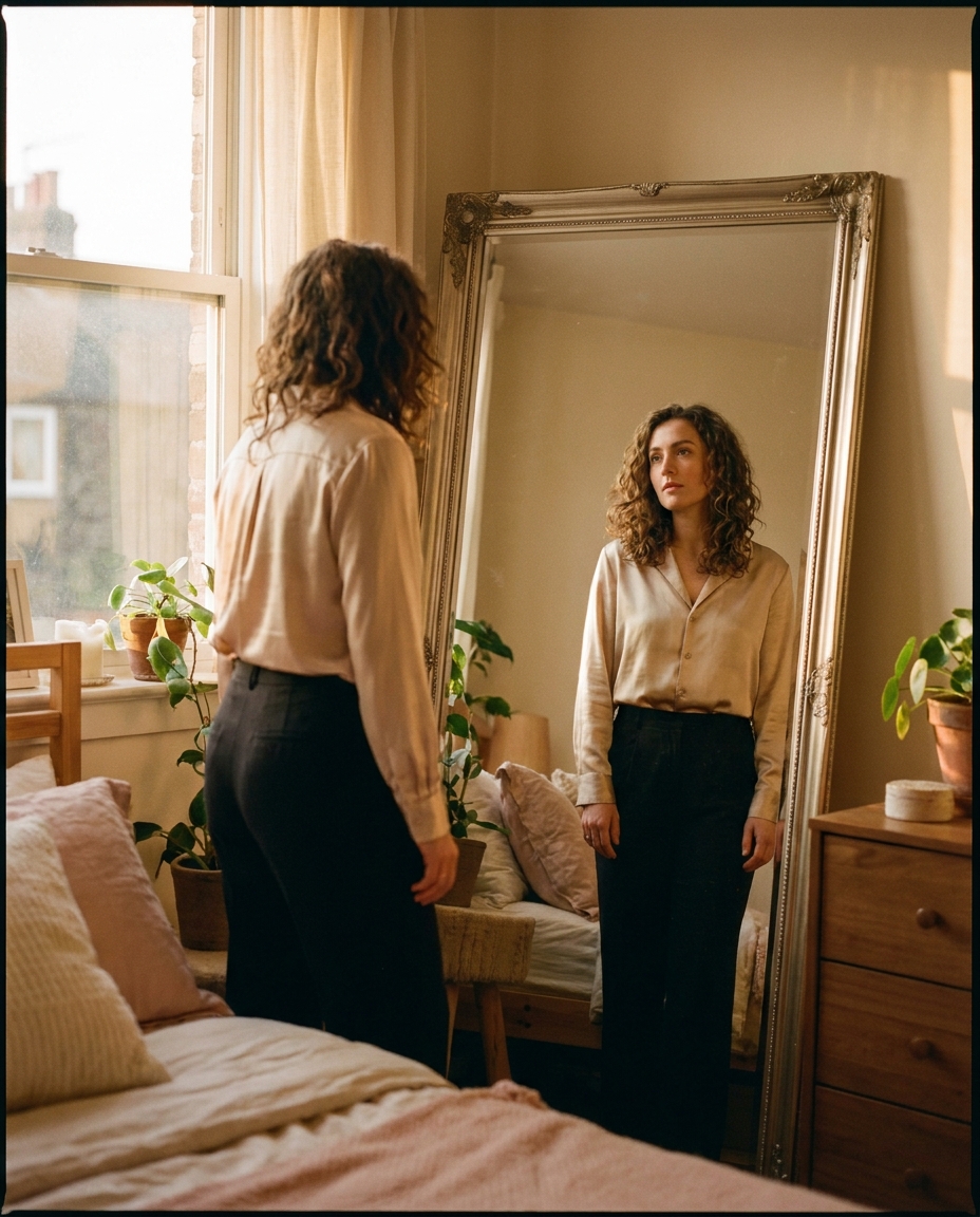 AI influencer checking her outfit in a full-length mirror