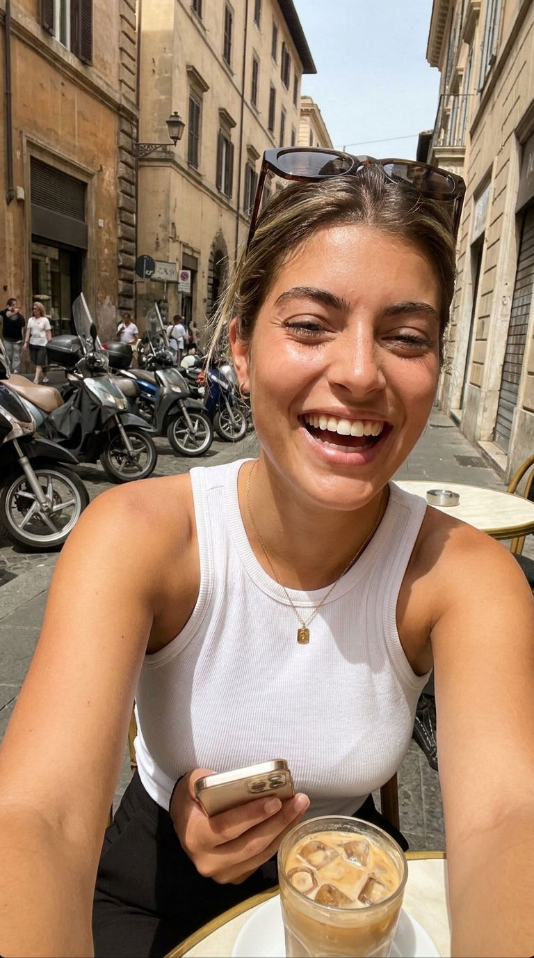 A selfie at a small outdoor café terrace: Nano Banana Pro AI image