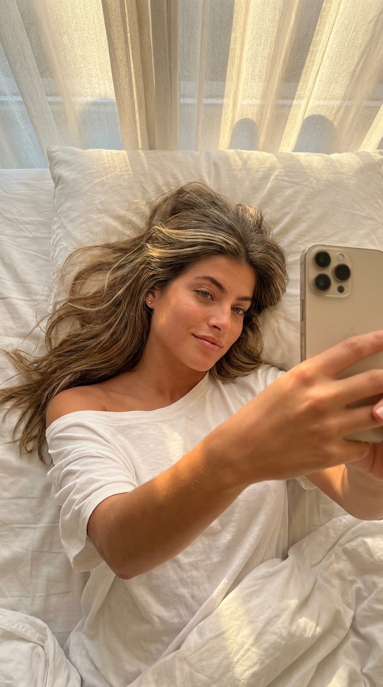 Woman lying in bed taking a selfie: Nano Banana Pro AI image