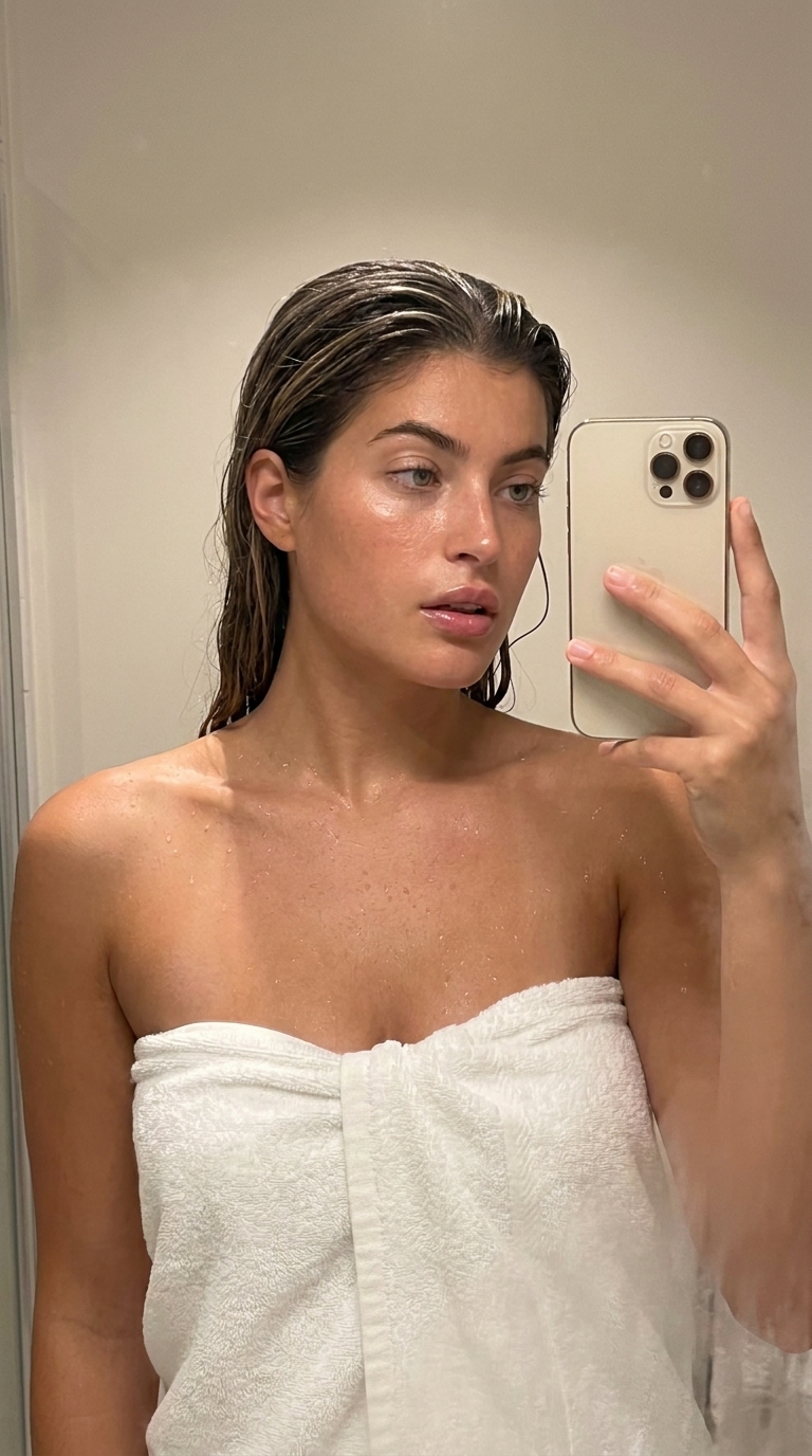 Woman wrapped in a white towel from chest: Nano Banana Pro AI image