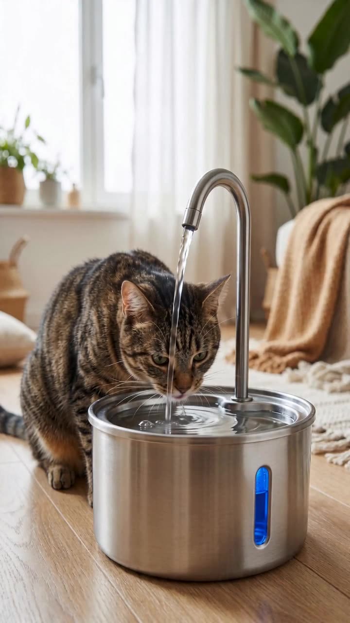 The tabby cat leans in and laps the flowing: Seedance 2.0 AI UGC video